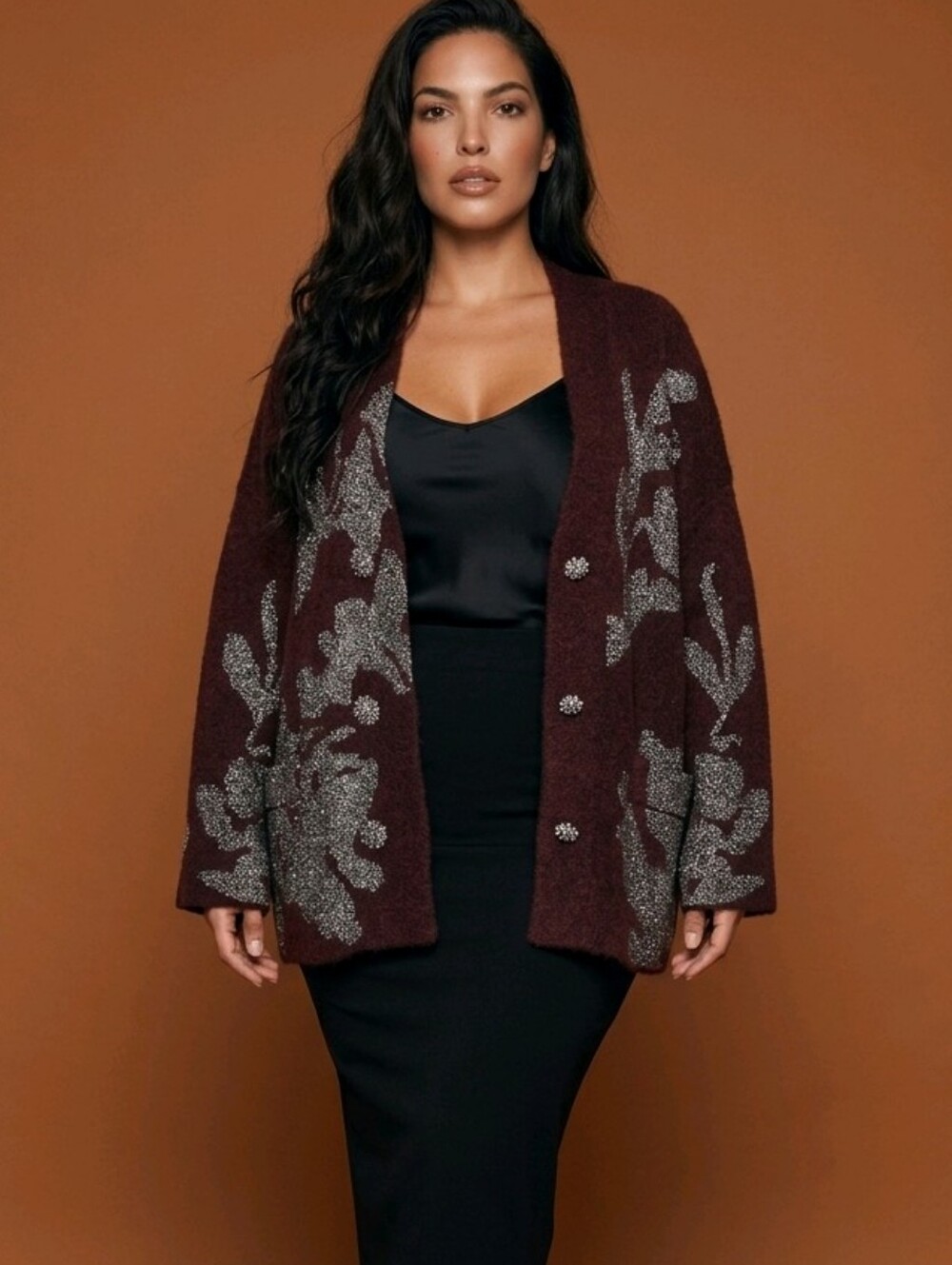 Zara Maroon & Metallic Silver Print Oversized Knit Coat Size L/XL Heavyweight